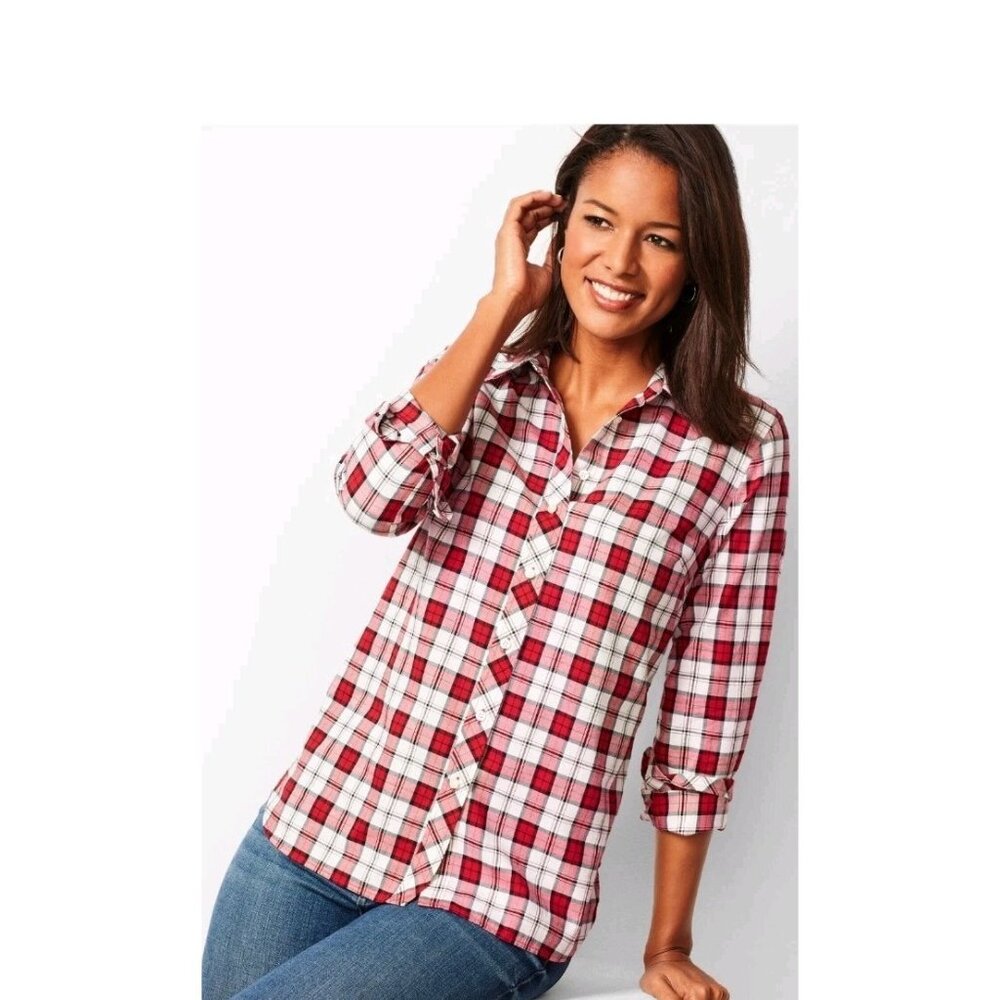 Talbots Flannel Shimmer Button Up Blouse Red White Gold Plaid Cozy Cabin Med